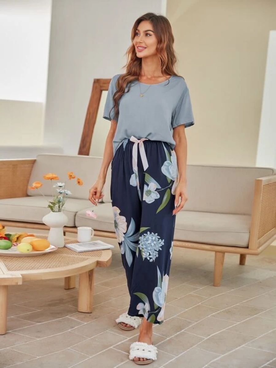 Floral Design Knot Front Pants PJ Set-Soco Hoodie