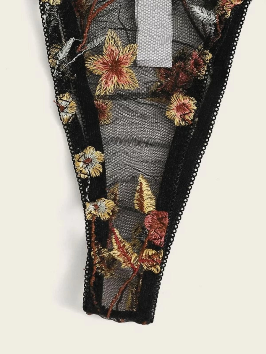 Floral Embroidery Bra And Side Tie Thong-Soco Hoodie
