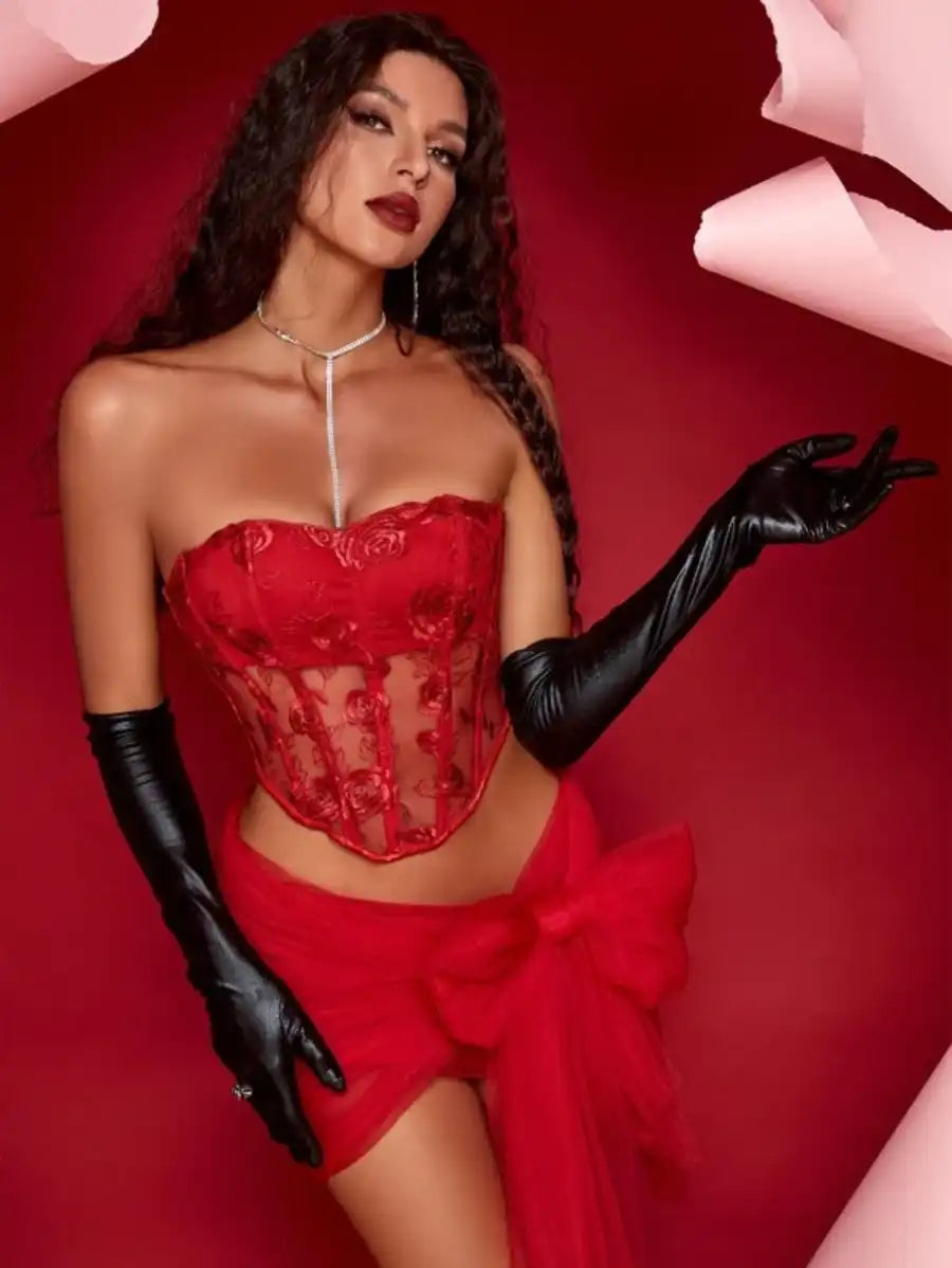 Floral Embroidery Hem Grommet Corset Tube Top-Soco Hoodie