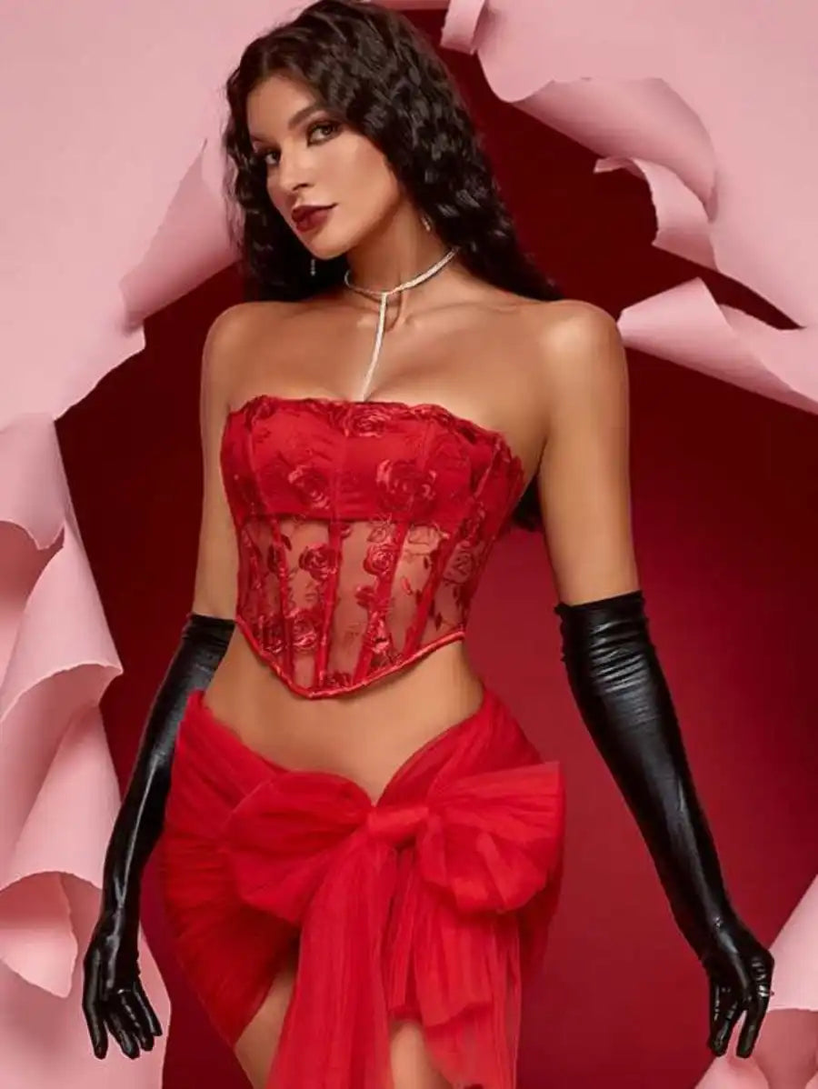 Floral Embroidery Hem Grommet Corset Tube Top-Soco Hoodie