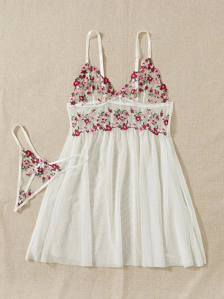 Floral Embroidery Mesh Slips With Thong-Soco Hoodie