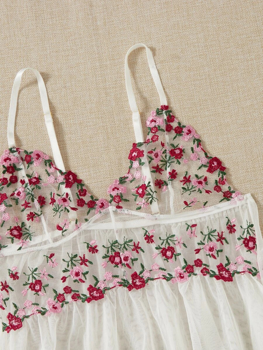 Floral Embroidery Mesh Slips With Thong-Soco Hoodie