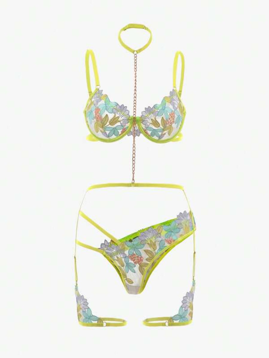 Floral Embroidery Underwire Garter Lingerie Set-Soco Hoodie