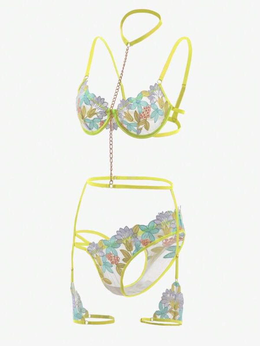 Floral Embroidery Underwire Garter Lingerie Set-Soco Hoodie