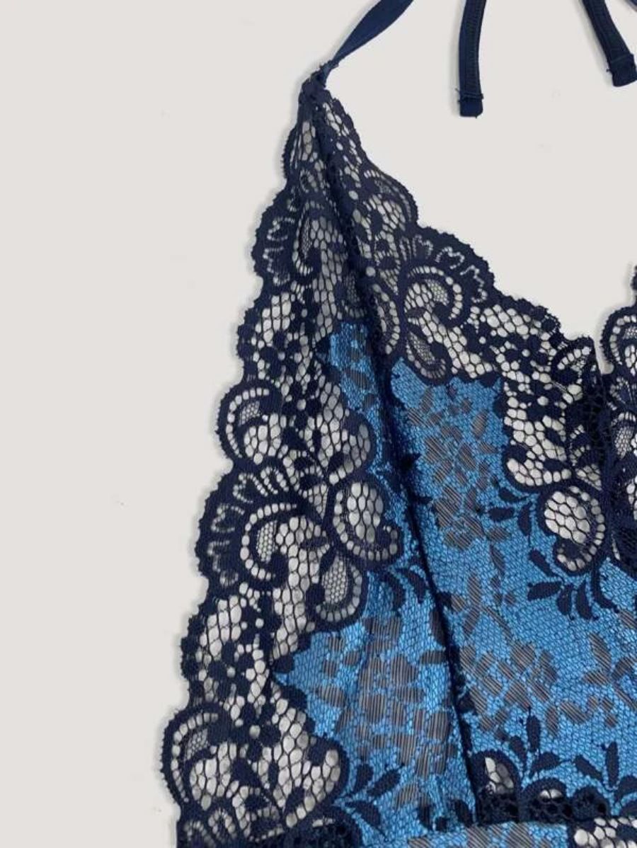 Floral Lace Backless Teddy Print Bodysuit-Soco Hoodie