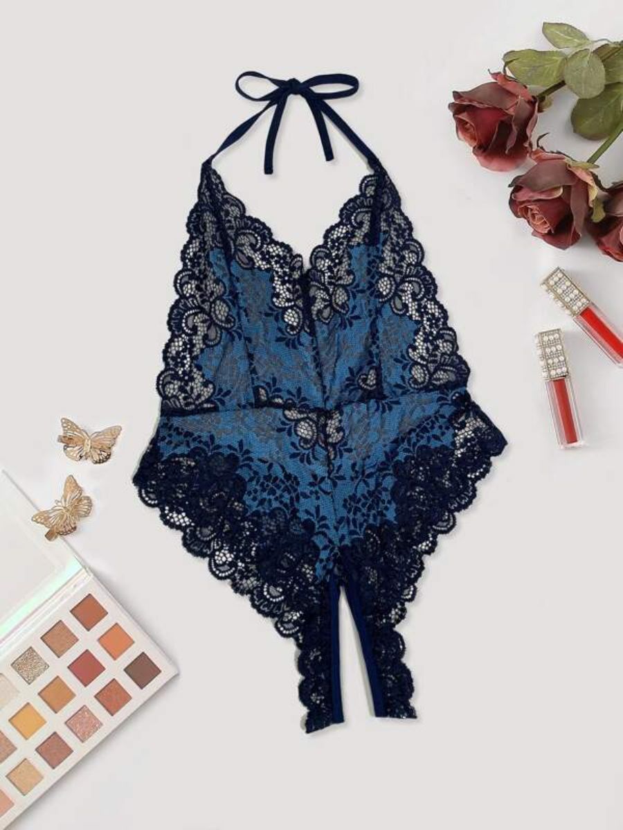 Floral Lace Backless Teddy Print Bodysuit-Soco Hoodie