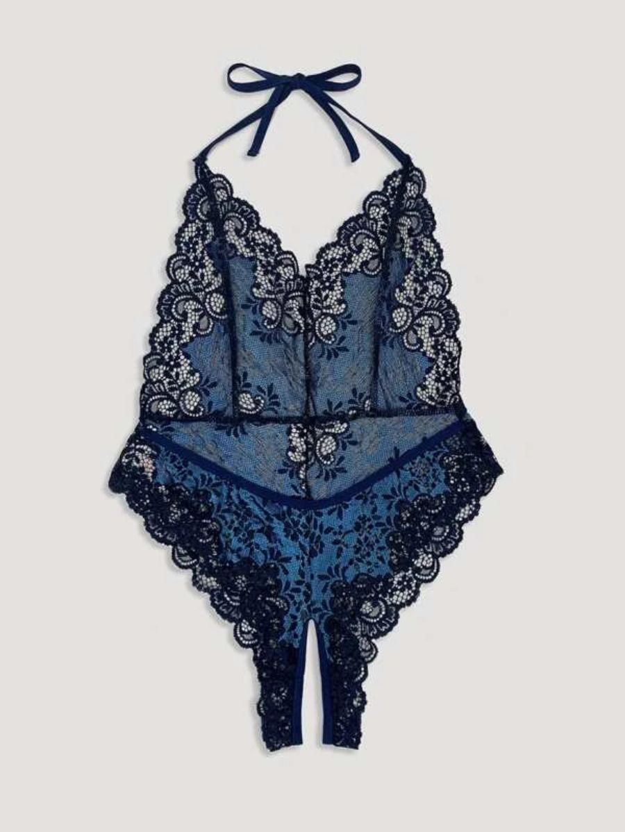 Floral Lace Backless Teddy Print Bodysuit-Soco Hoodie