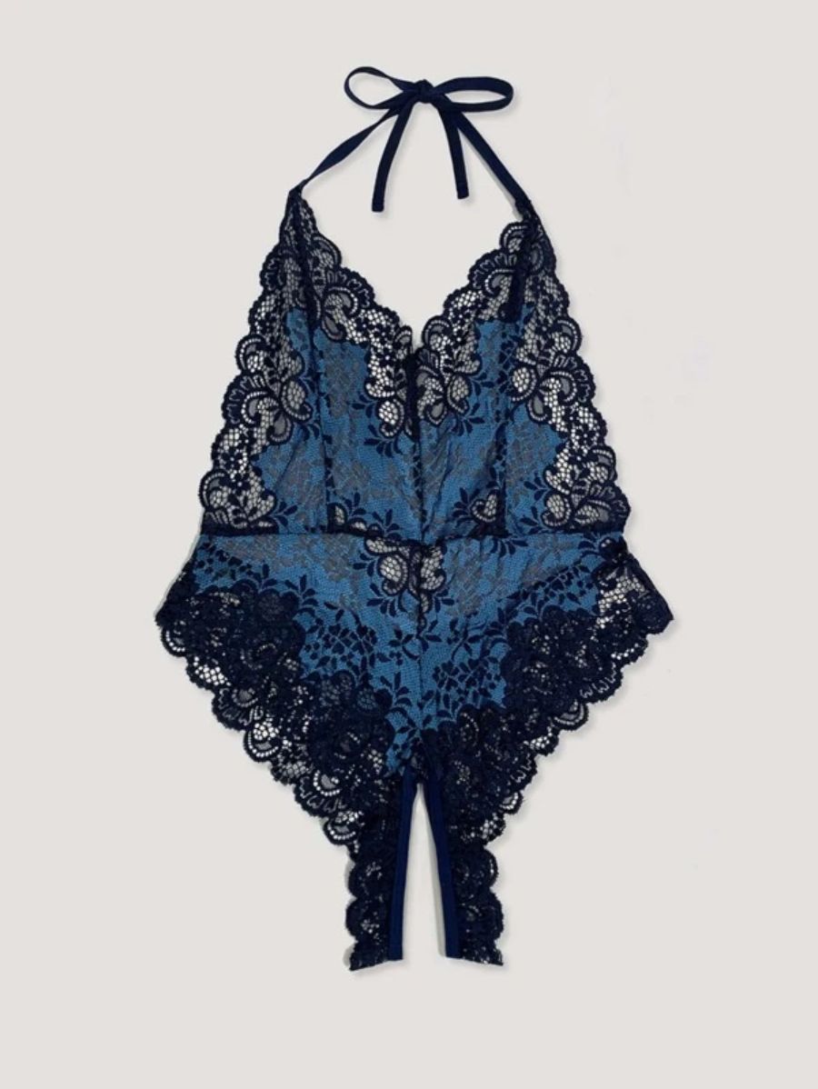 Floral Lace Backless Teddy Print Bodysuit-Soco Hoodie