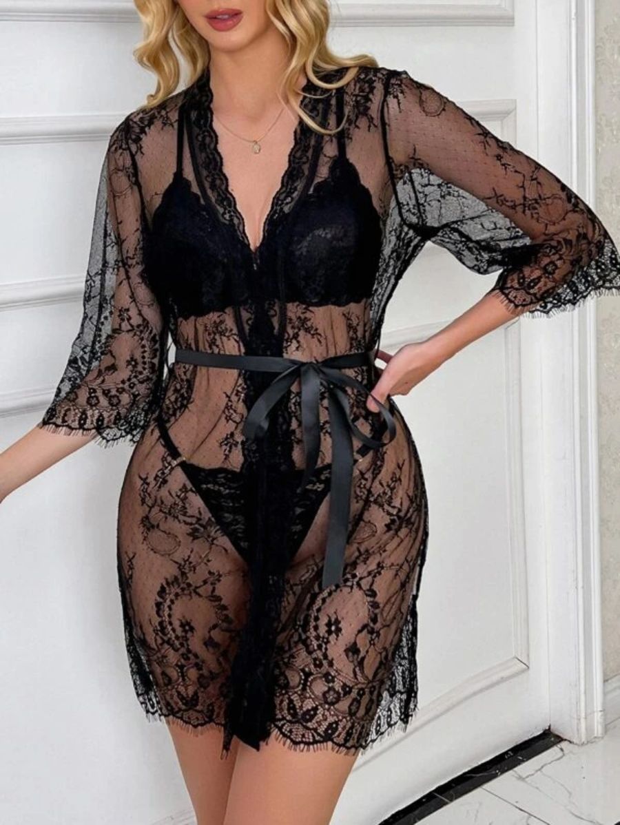 Floral Lace Belted Robe Lingerie-Soco Hoodie