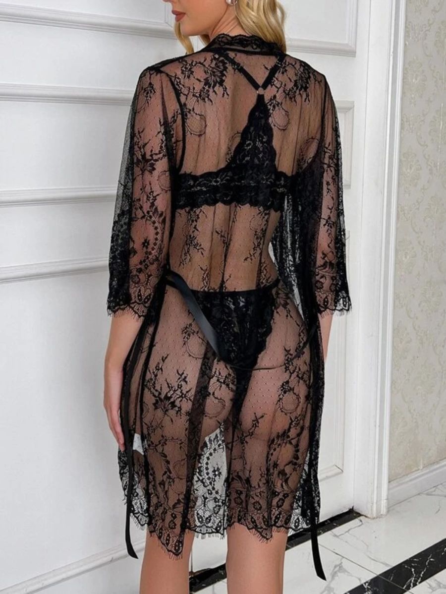 Floral Lace Belted Robe Lingerie-Soco Hoodie
