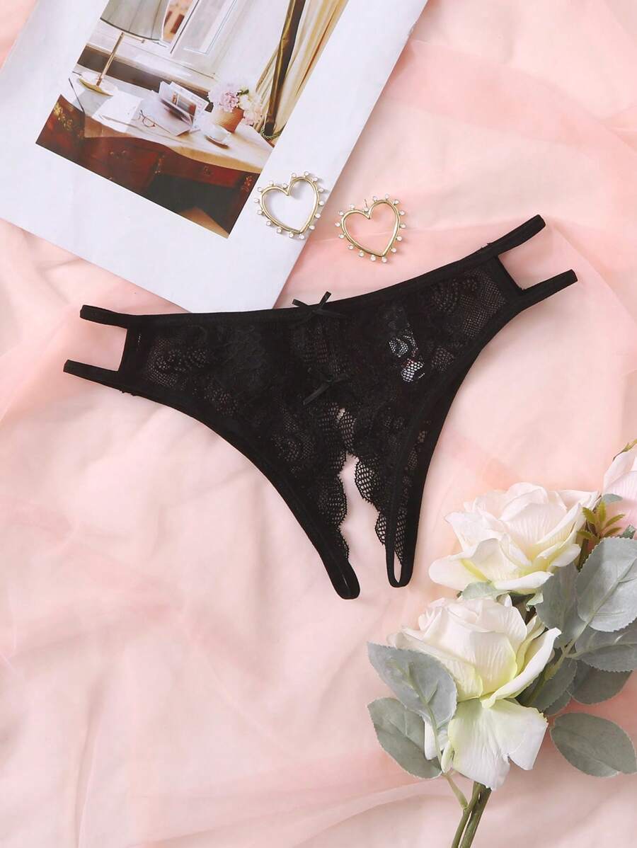 Floral Lace Bow Crotchless Panty-Soco Hoodie