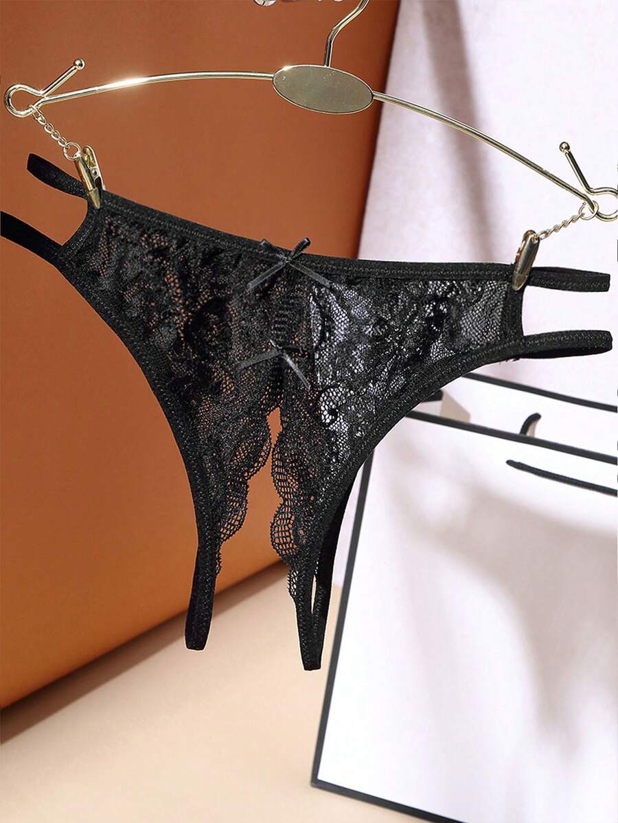 Floral Lace Bow Crotchless Panty-Soco Hoodie