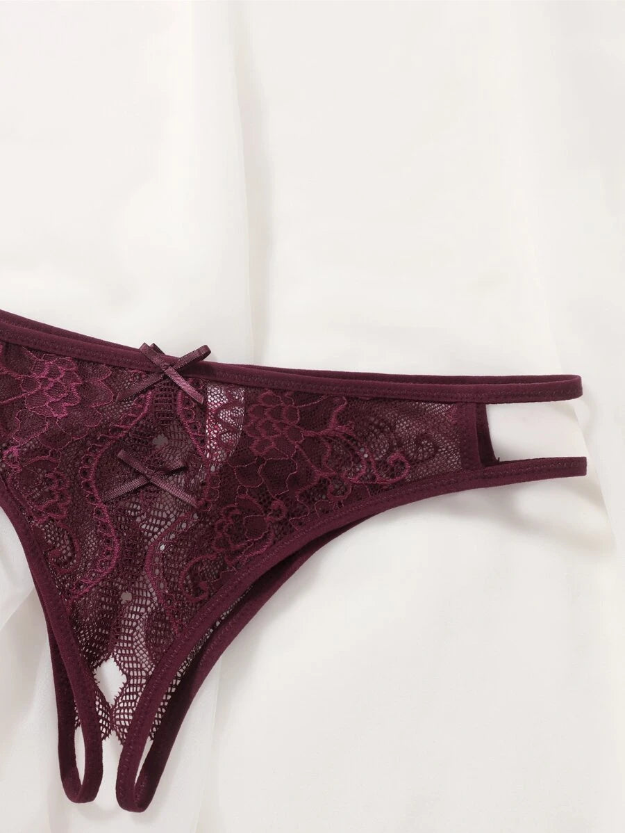 Floral Lace Bow Crotchless Panty-Soco Hoodie