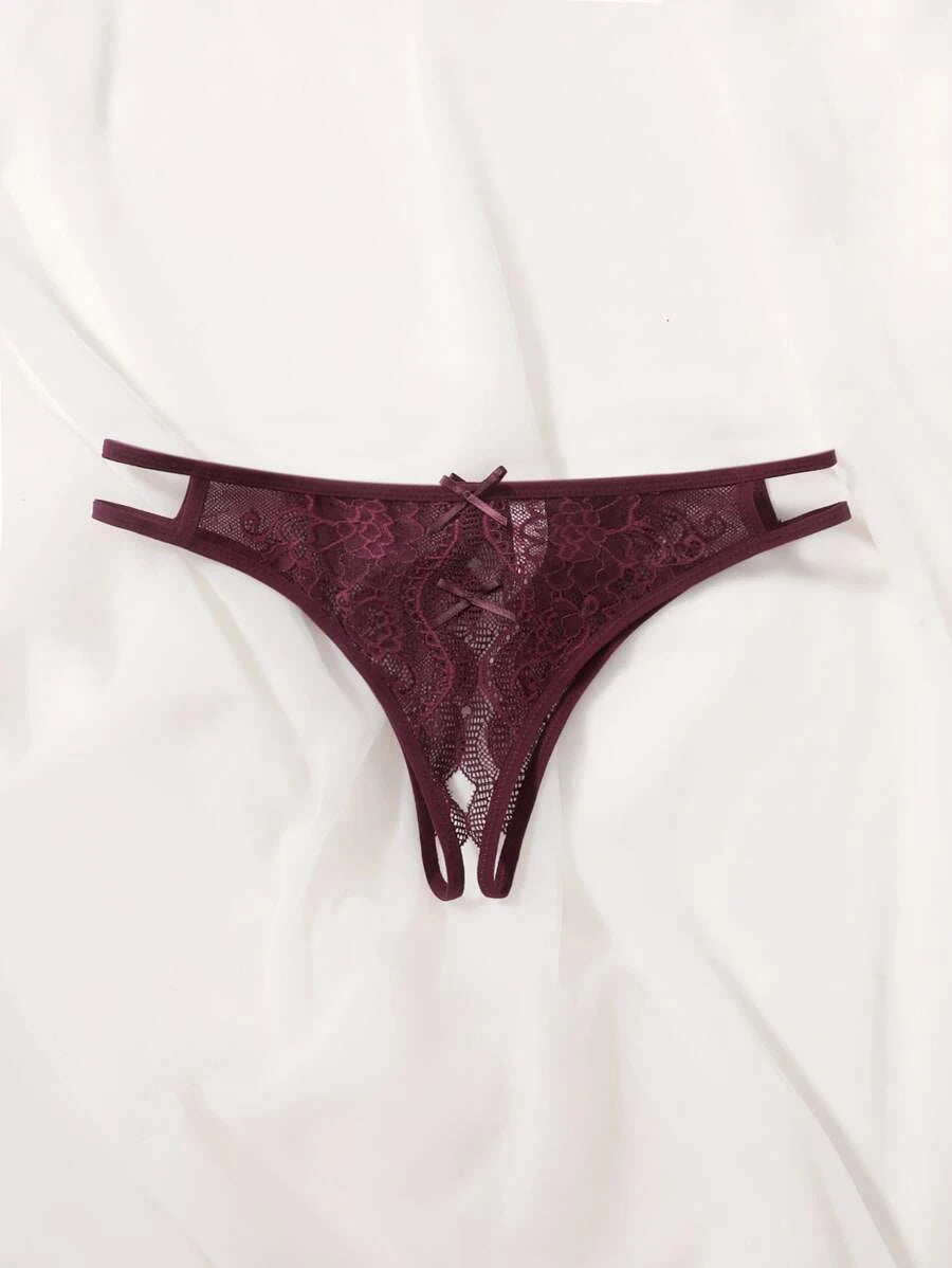 Floral Lace Bow Crotchless Panty-Soco Hoodie