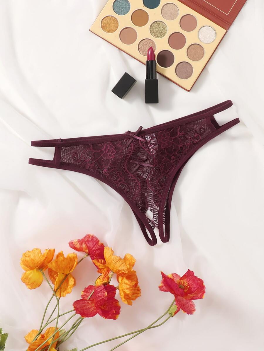 Floral Lace Bow Crotchless Panty-Soco Hoodie