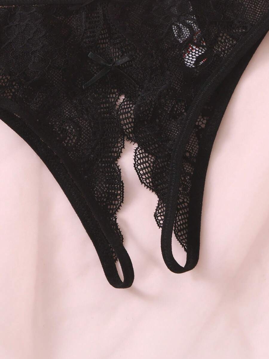 Floral Lace Bow Crotchless Panty-Soco Hoodie