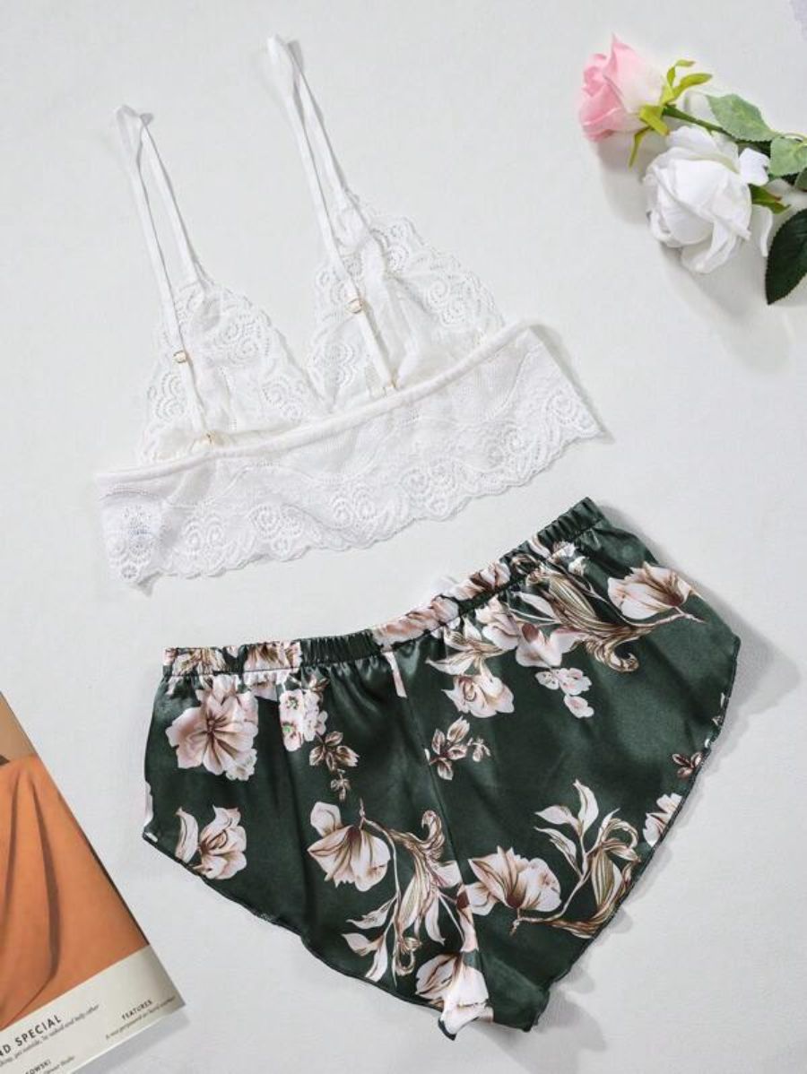 Floral Lace Bralette And Floral Pattern Panty Lingerie Set-Soco Hoodie