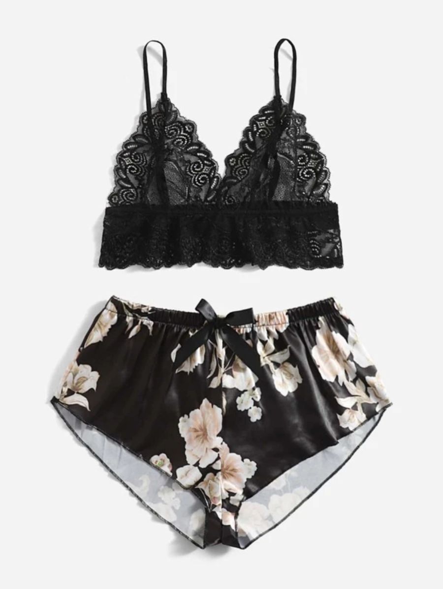 Floral Lace Bralette And Floral Pattern Panty Lingerie Set-Soco Hoodie
