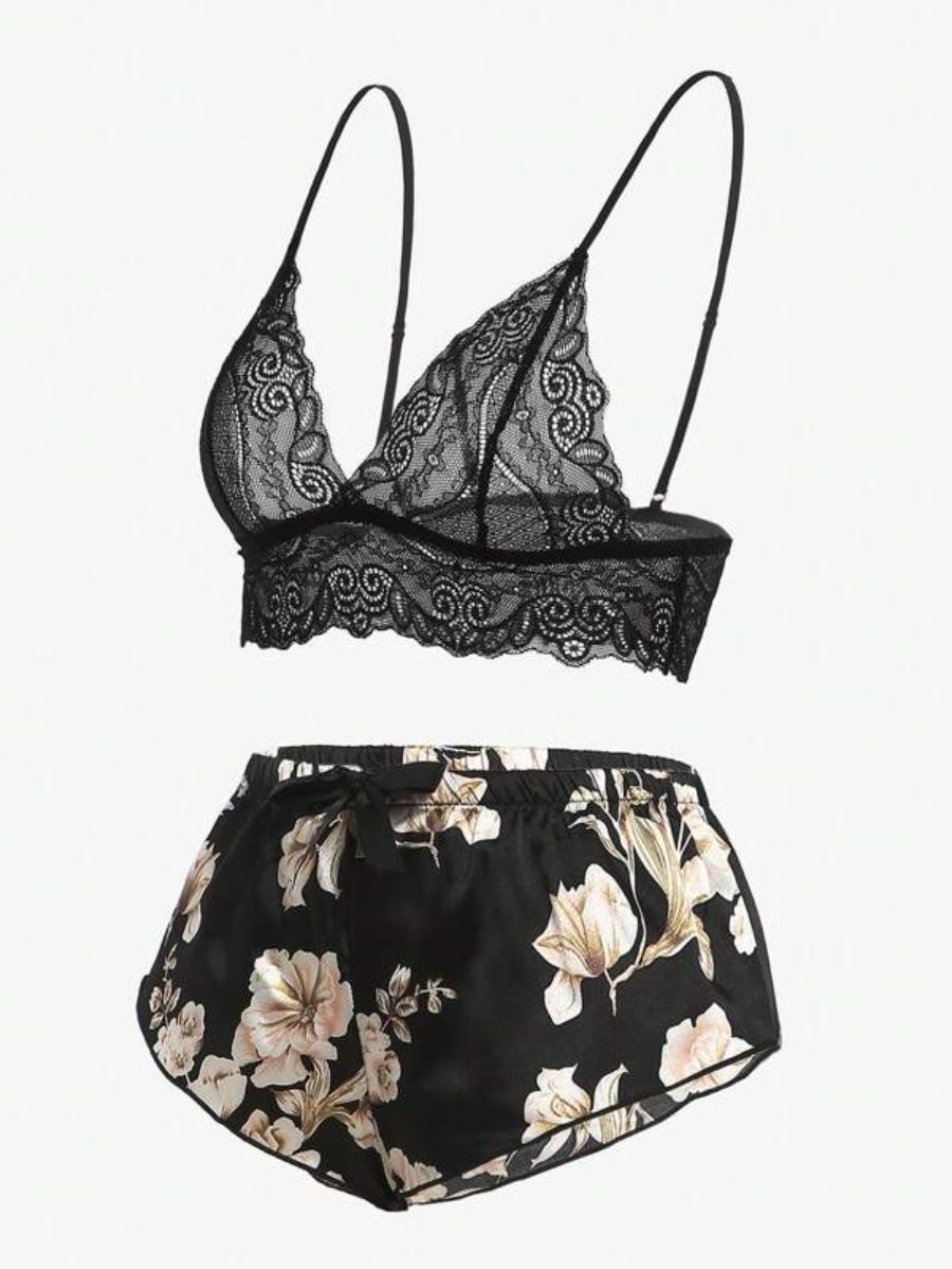 Floral Lace Bralette And Floral Pattern Panty Lingerie Set-Soco Hoodie