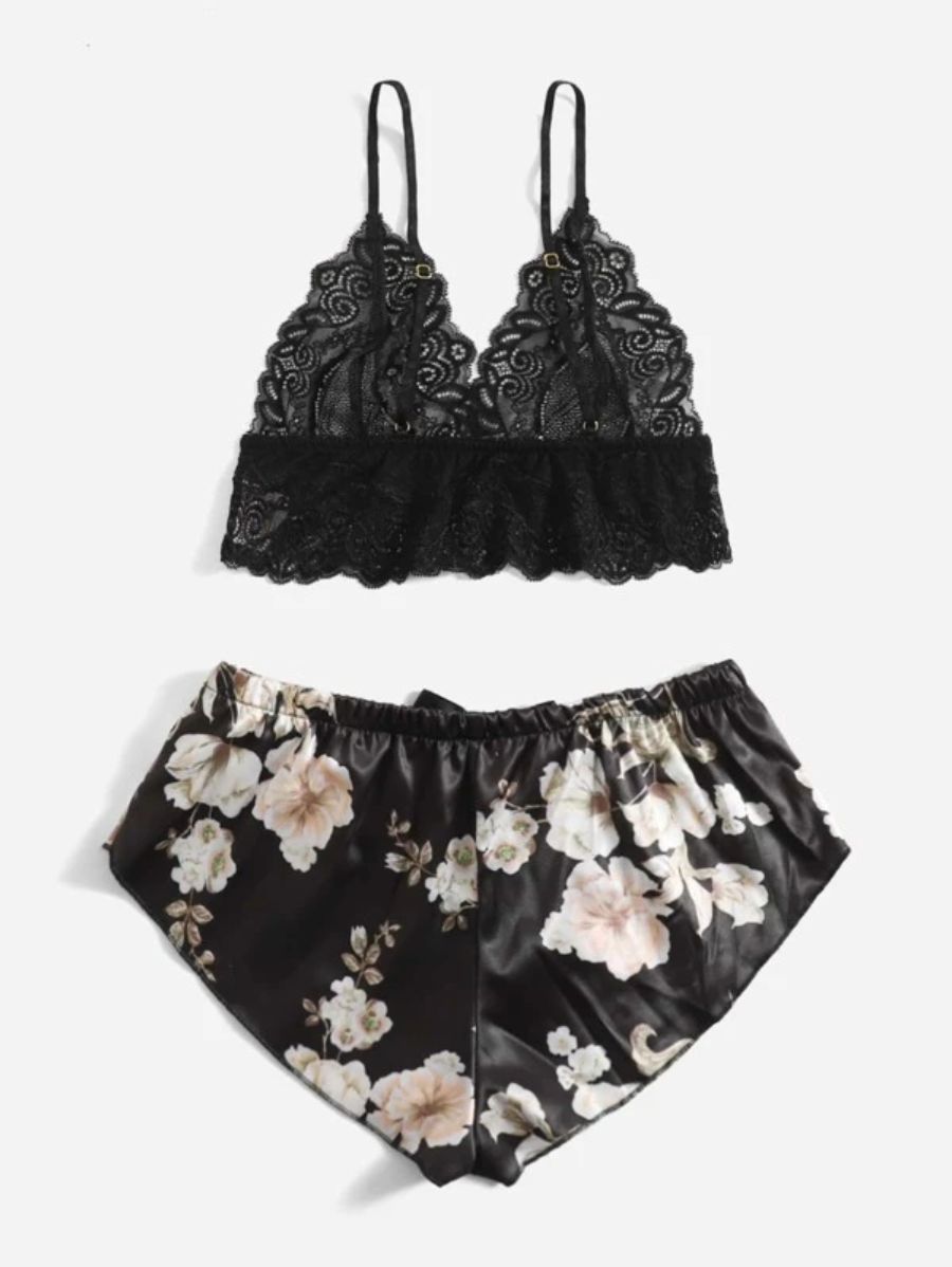 Floral Lace Bralette And Floral Pattern Panty Lingerie Set-Soco Hoodie