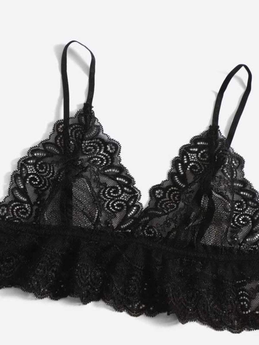 Floral Lace Bralette And Floral Pattern Panty Lingerie Set-Soco Hoodie