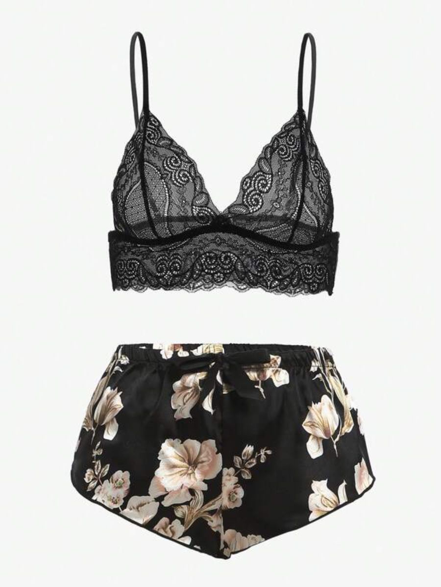 Floral Lace Bralette And Floral Pattern Panty Lingerie Set-Soco Hoodie