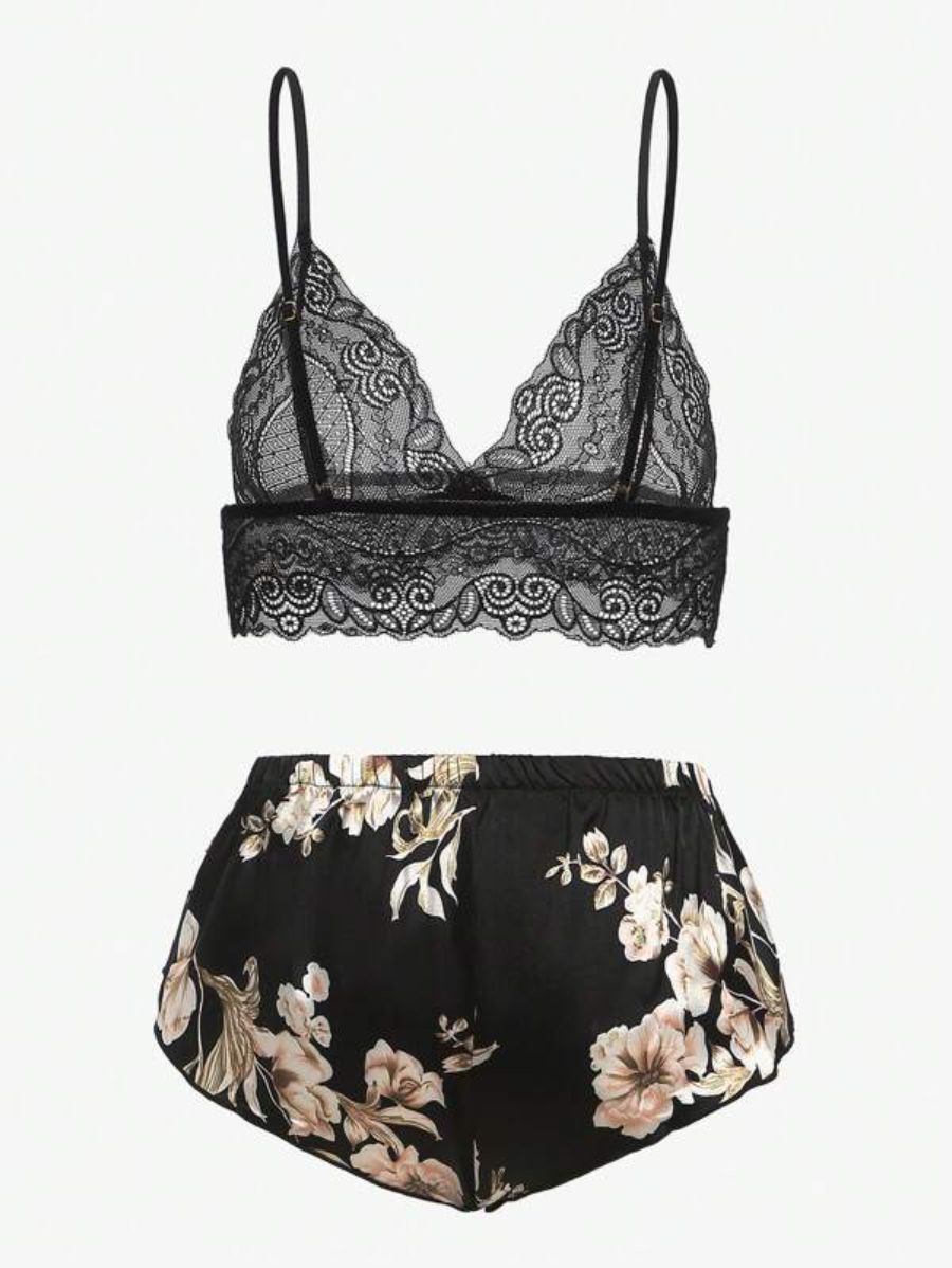 Floral Lace Bralette And Floral Pattern Panty Lingerie Set-Soco Hoodie