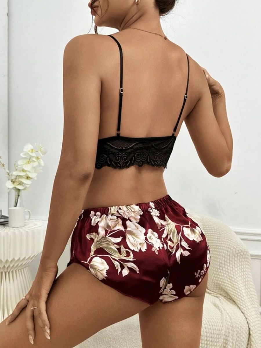 Floral Lace Bralette And Floral Pattern Panty Lingerie Set-Soco Hoodie