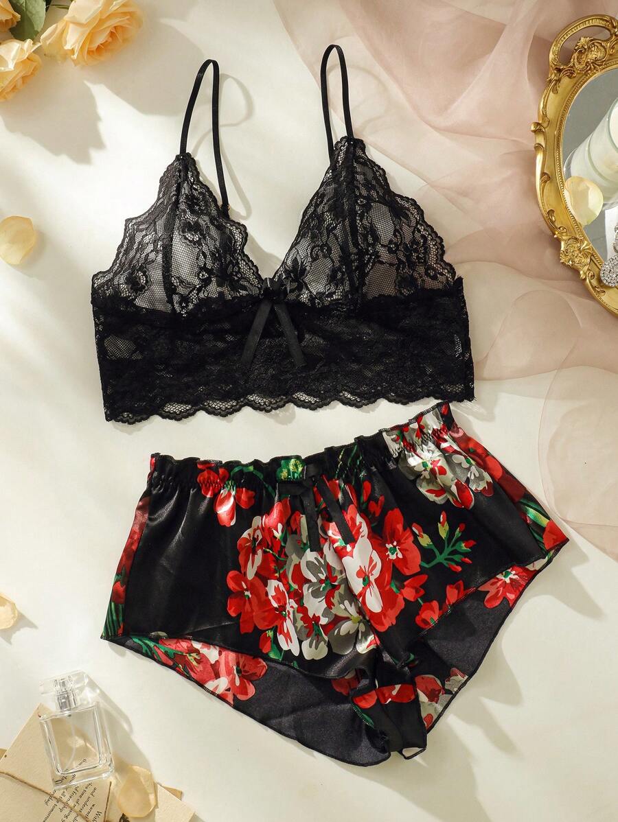 Floral Print Bow Front Lace Lingerie Set-Soco Hoodie
