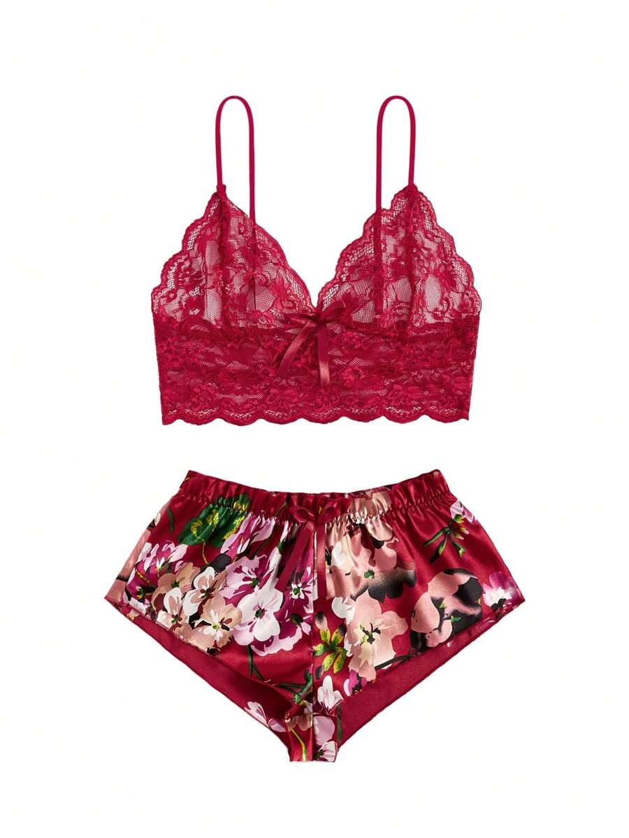 Floral Print Bow Front Lace Lingerie Set-Soco Hoodie