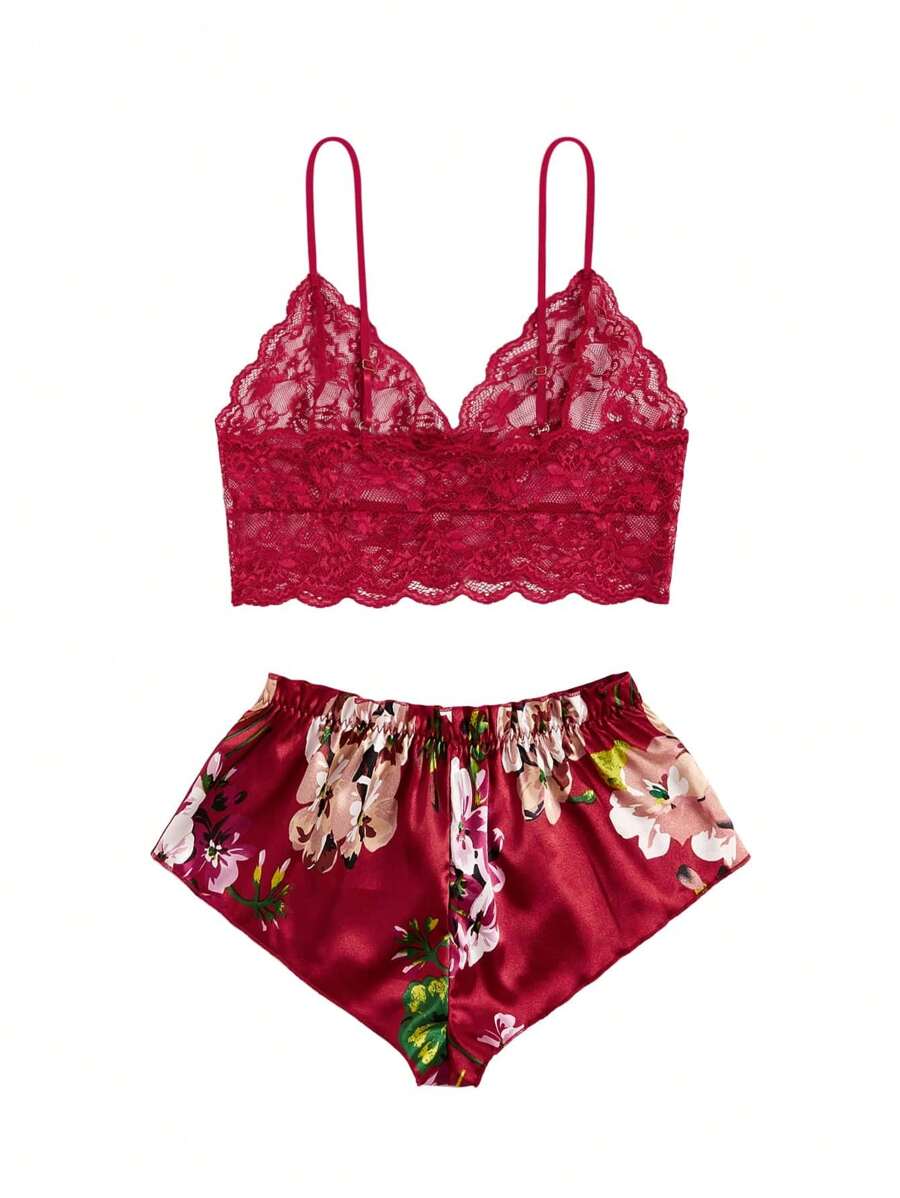 Floral Print Bow Front Lace Lingerie Set-Soco Hoodie