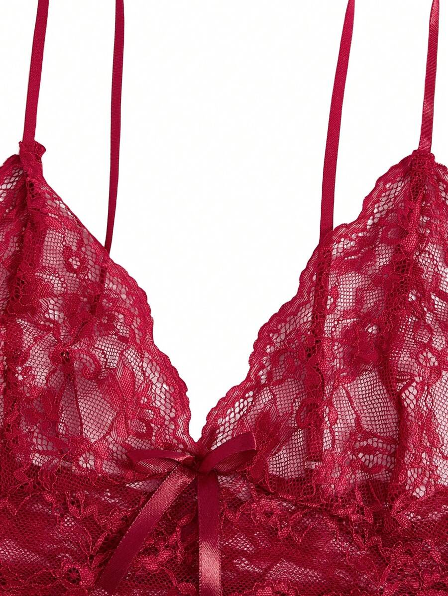 Floral Print Bow Front Lace Lingerie Set-Soco Hoodie