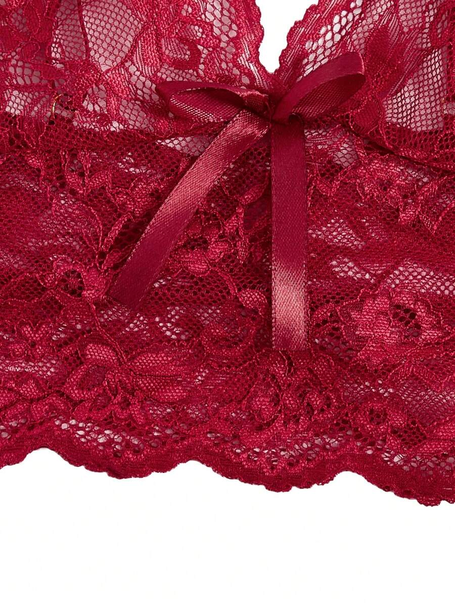 Floral Print Bow Front Lace Lingerie Set-Soco Hoodie