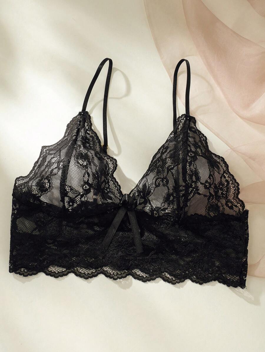 Floral Print Bow Front Lace Lingerie Set-Soco Hoodie