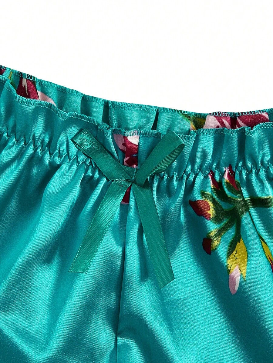 Floral Print Bow Front Lace Lingerie Set-Soco Hoodie