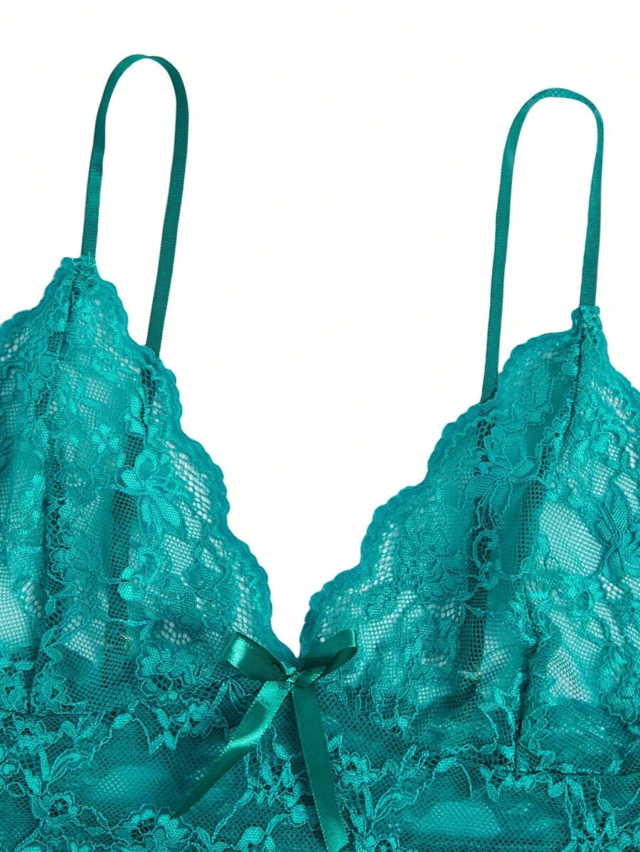 Floral Print Bow Front Lace Lingerie Set-Soco Hoodie