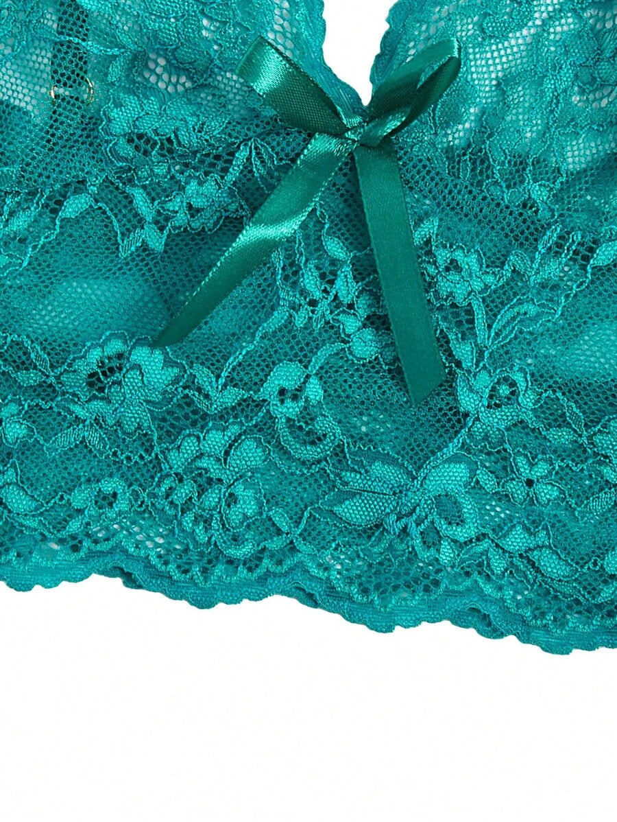 Floral Print Bow Front Lace Lingerie Set-Soco Hoodie