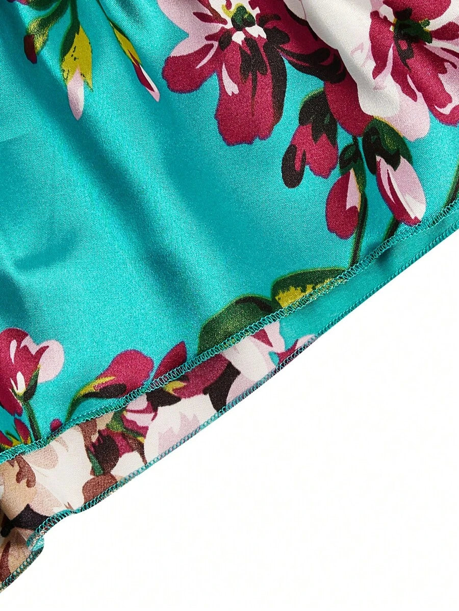 Floral Print Bow Front Lace Lingerie Set-Soco Hoodie