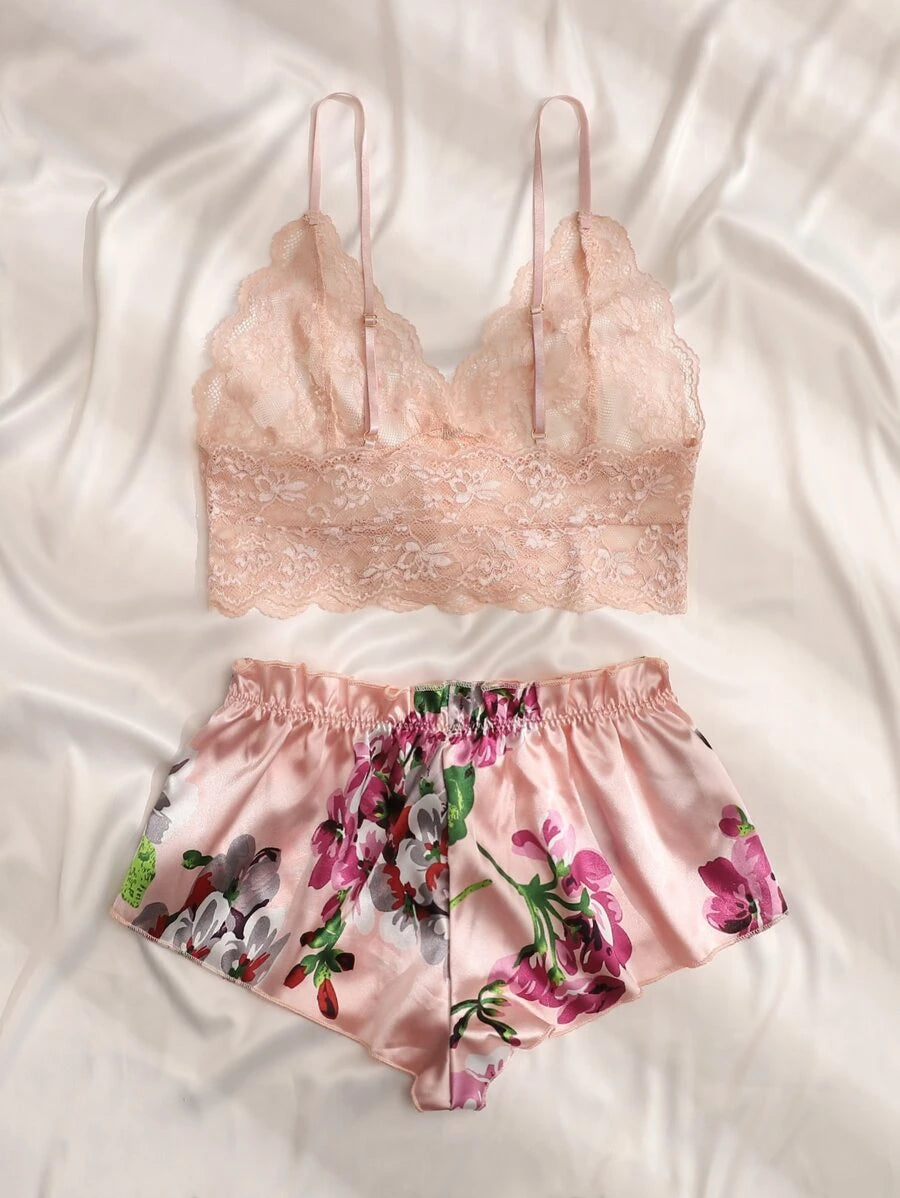 Floral Print Bow Front Lace Lingerie Set-Soco Hoodie