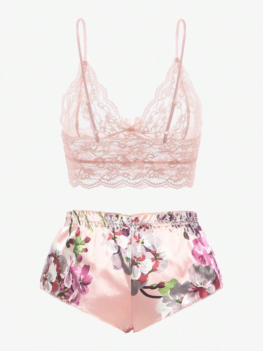 Floral Print Bow Front Lace Lingerie Set-Soco Hoodie