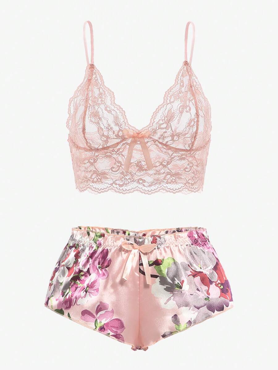 Floral Print Bow Front Lace Lingerie Set-Soco Hoodie