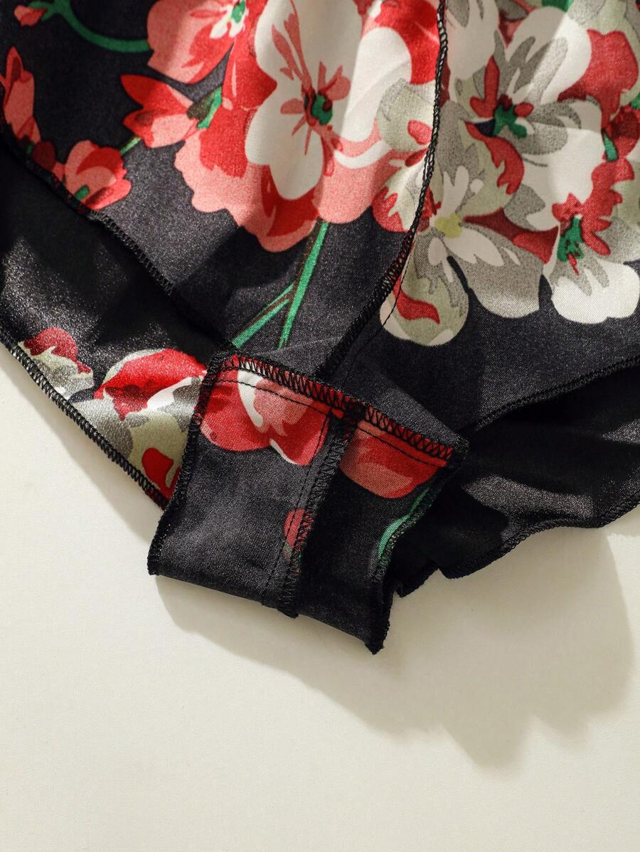 Floral Print Bow Front Lace Lingerie Set-Soco Hoodie