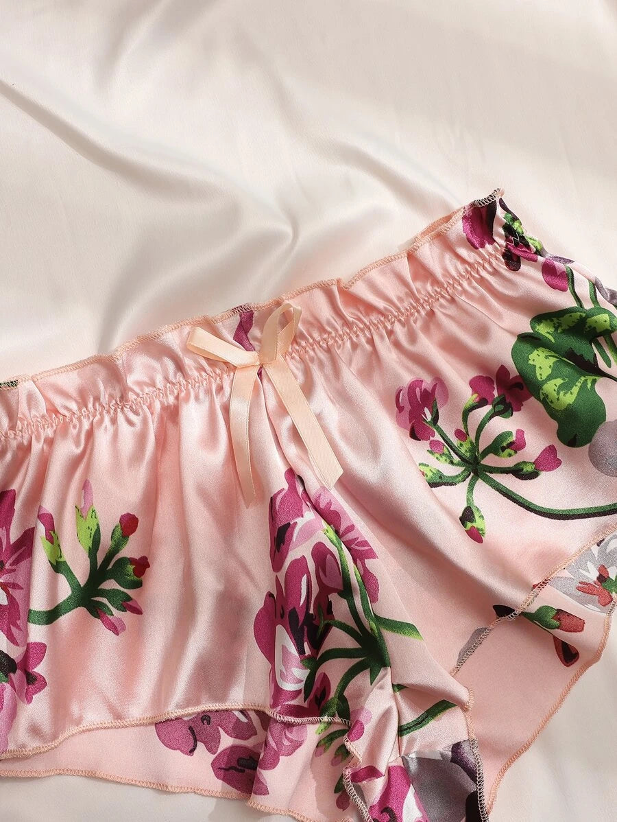 Floral Print Bow Front Lace Lingerie Set-Soco Hoodie