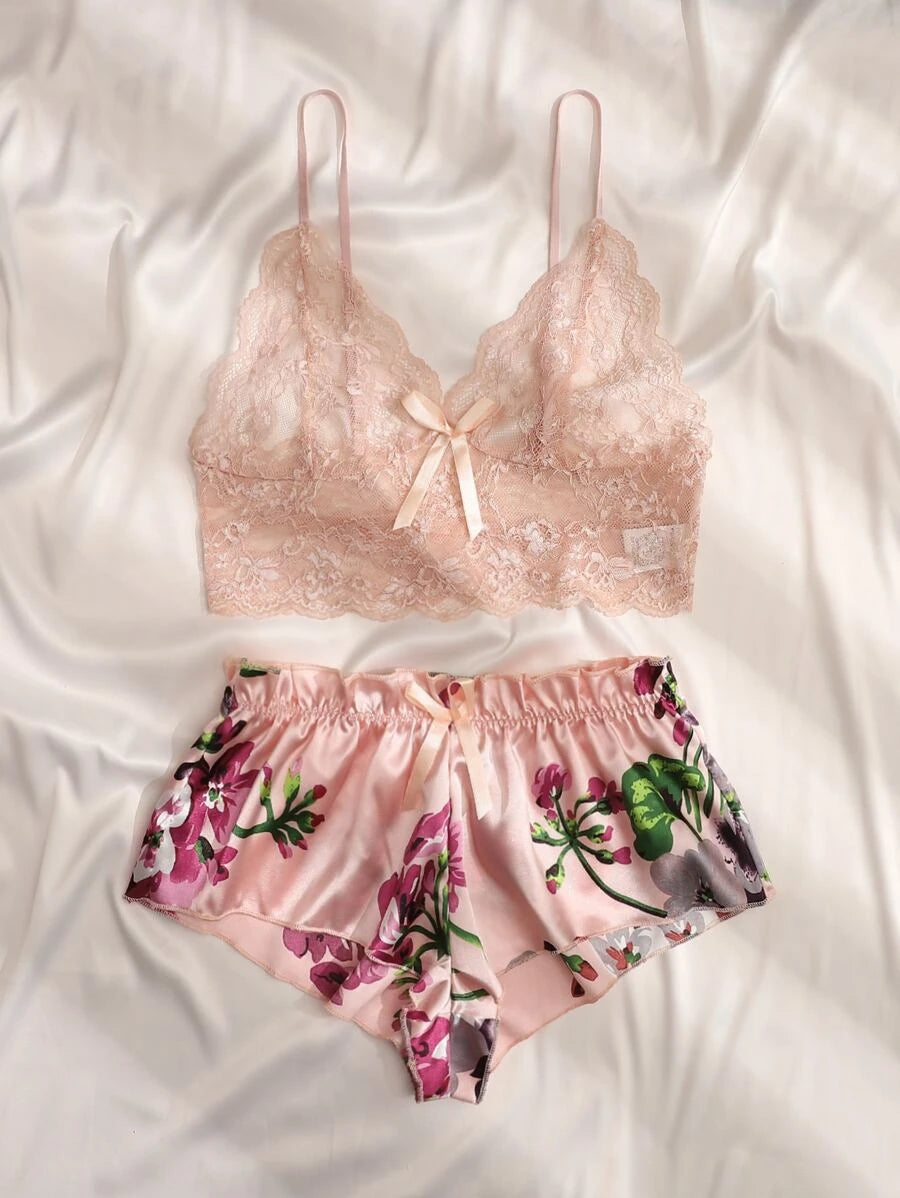 Floral Print Bow Front Lace Lingerie Set-Soco Hoodie
