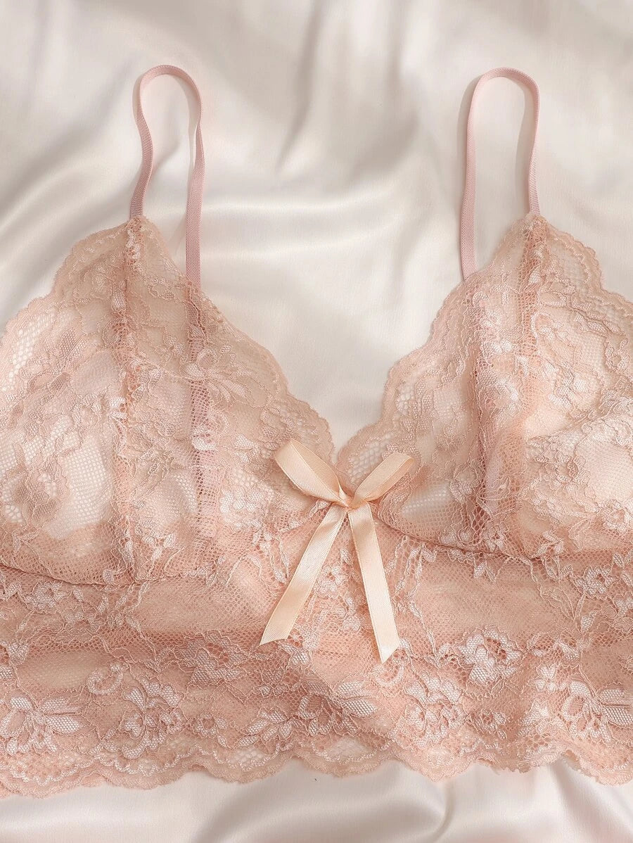 Floral Print Bow Front Lace Lingerie Set-Soco Hoodie