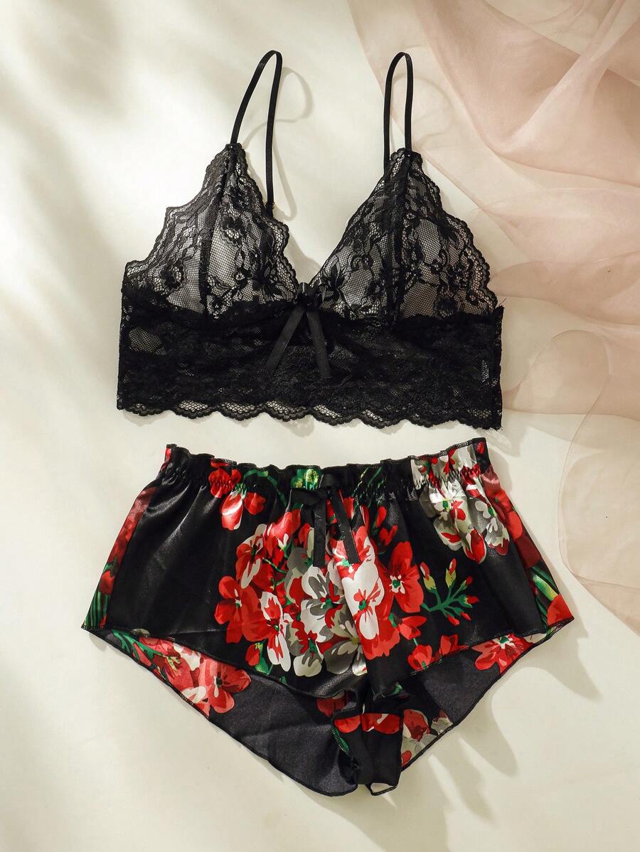 Floral Print Bow Front Lace Lingerie Set-Soco Hoodie