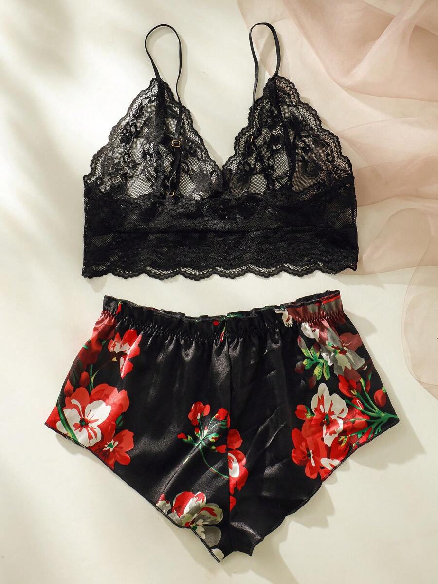 Floral Print Bow Front Lace Lingerie Set-Soco Hoodie