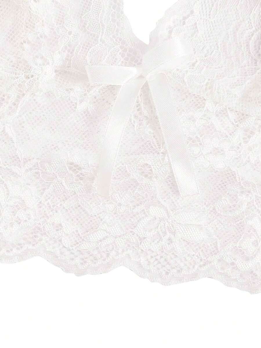 Floral Print Bow Front Lace Lingerie Set-Soco Hoodie