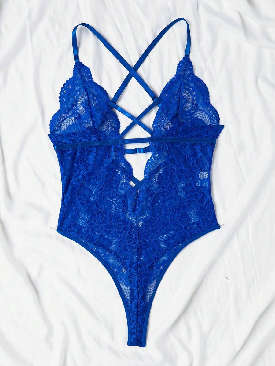 Floral Lace Criss Cross Plunging Teddy Bodysuit-Soco Hoodie