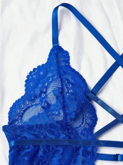 Floral Lace Criss Cross Plunging Teddy Bodysuit-Soco Hoodie